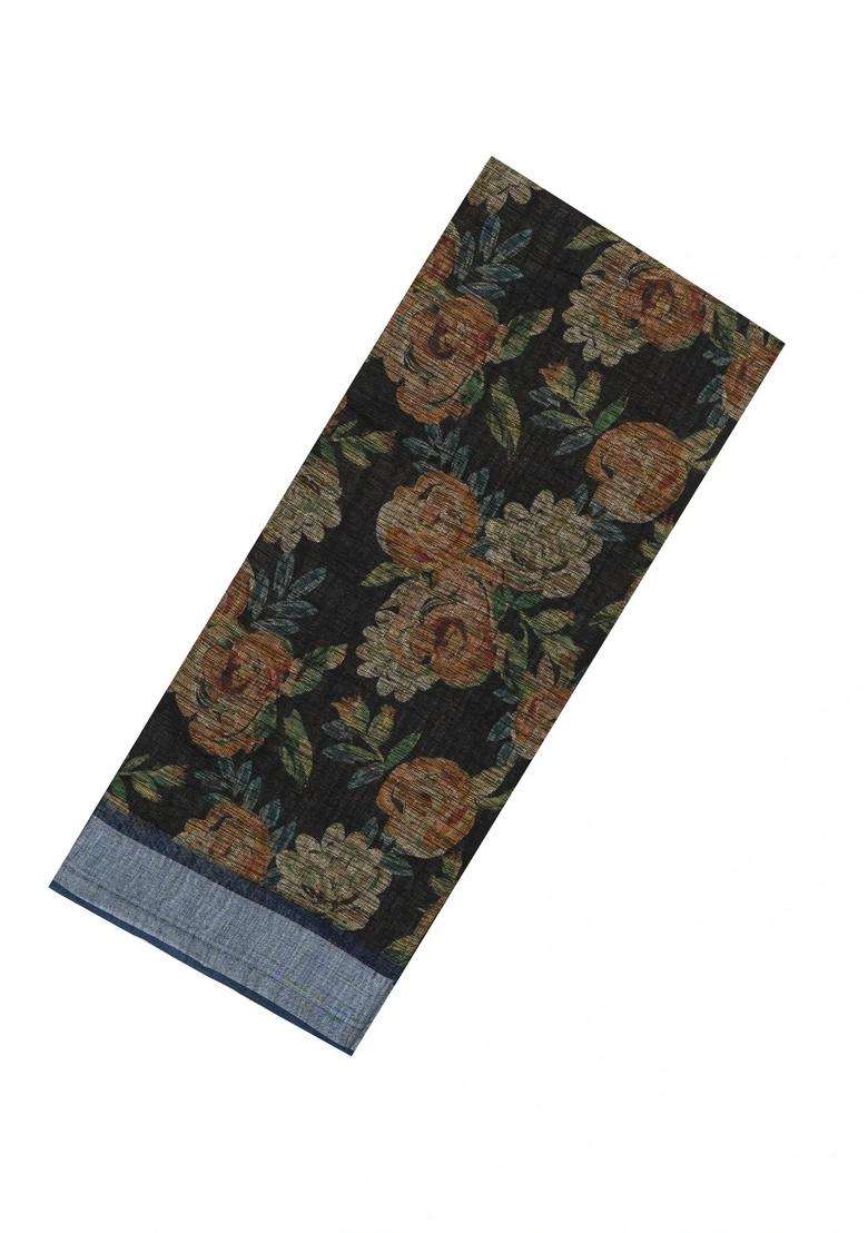 Black Woven Art Linen Saree With Printed Floral Motifs And Blue Border For Women - Indya