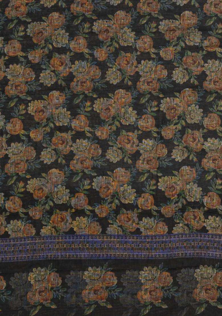 Black Woven Art Linen Saree With Printed Floral Motifs And Blue Border For Women - Indya