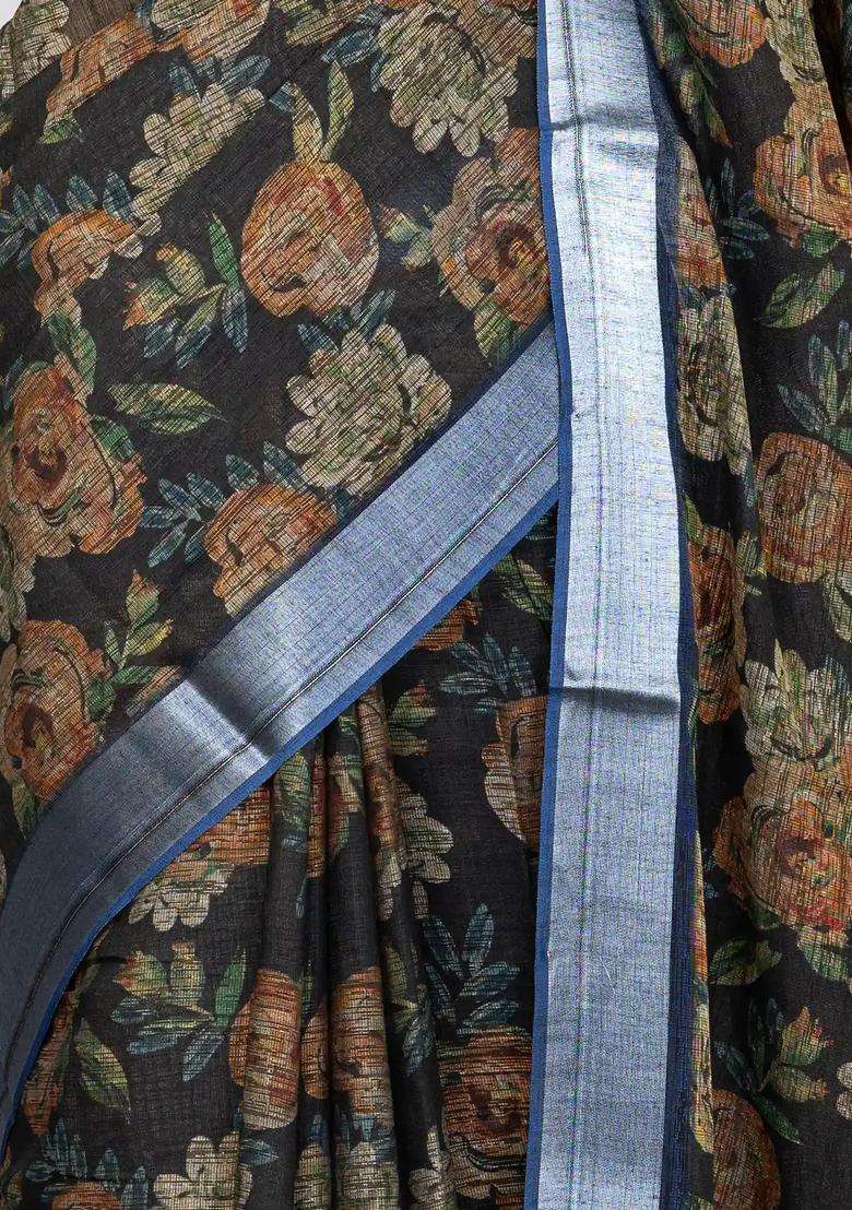 Black Woven Art Linen Saree With Printed Floral Motifs And Blue Border For Women - Indya