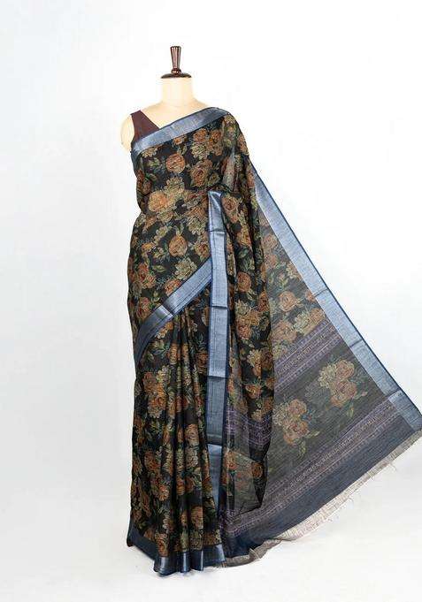 Black Woven Art Linen Saree With Printed Floral Motifs And Blue Border For Women