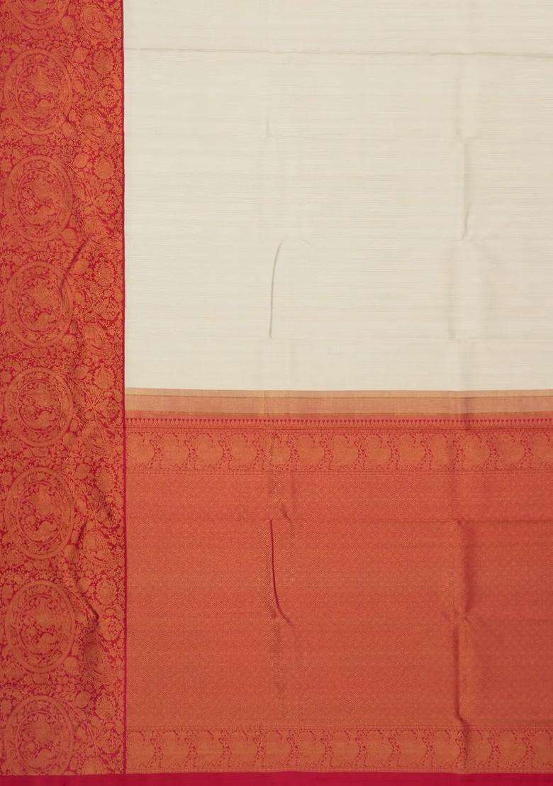 White Handloom Korvai Kanchipuram Silk Saree With Stripes Contrast Border With Korvai And Temple Border Design For Women - Indya