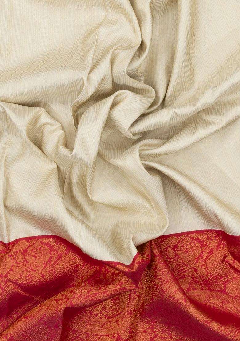 White Handloom Korvai Kanchipuram Silk Saree With Stripes Contrast Border With Korvai And Temple Border Design For Women - Indya