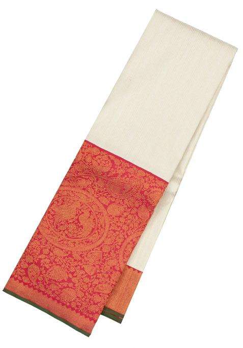White Handloom Korvai Kanchipuram Silk Saree With Stripes Contrast Border With Korvai And Temple Border Design For Women