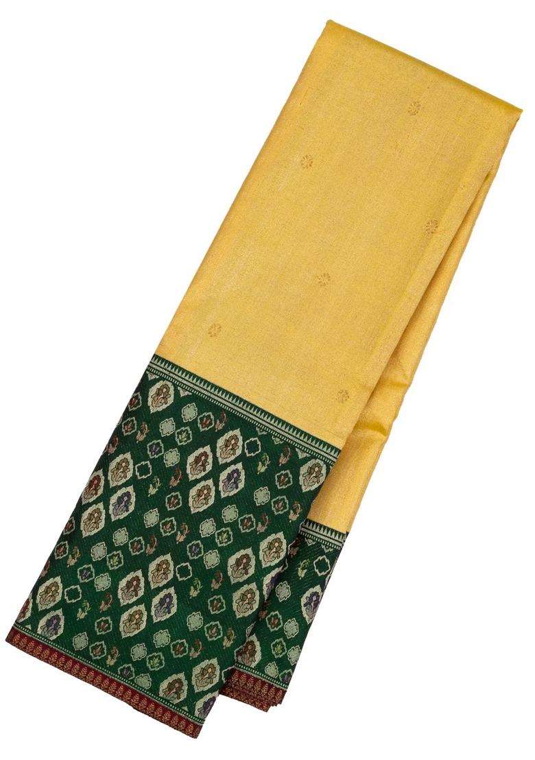 Gold Handloom Tissue Korvai Kanchipuram Silk Saree With Floral Buttas Meena Border With Korvai And Temple Border Design For Women - Indya