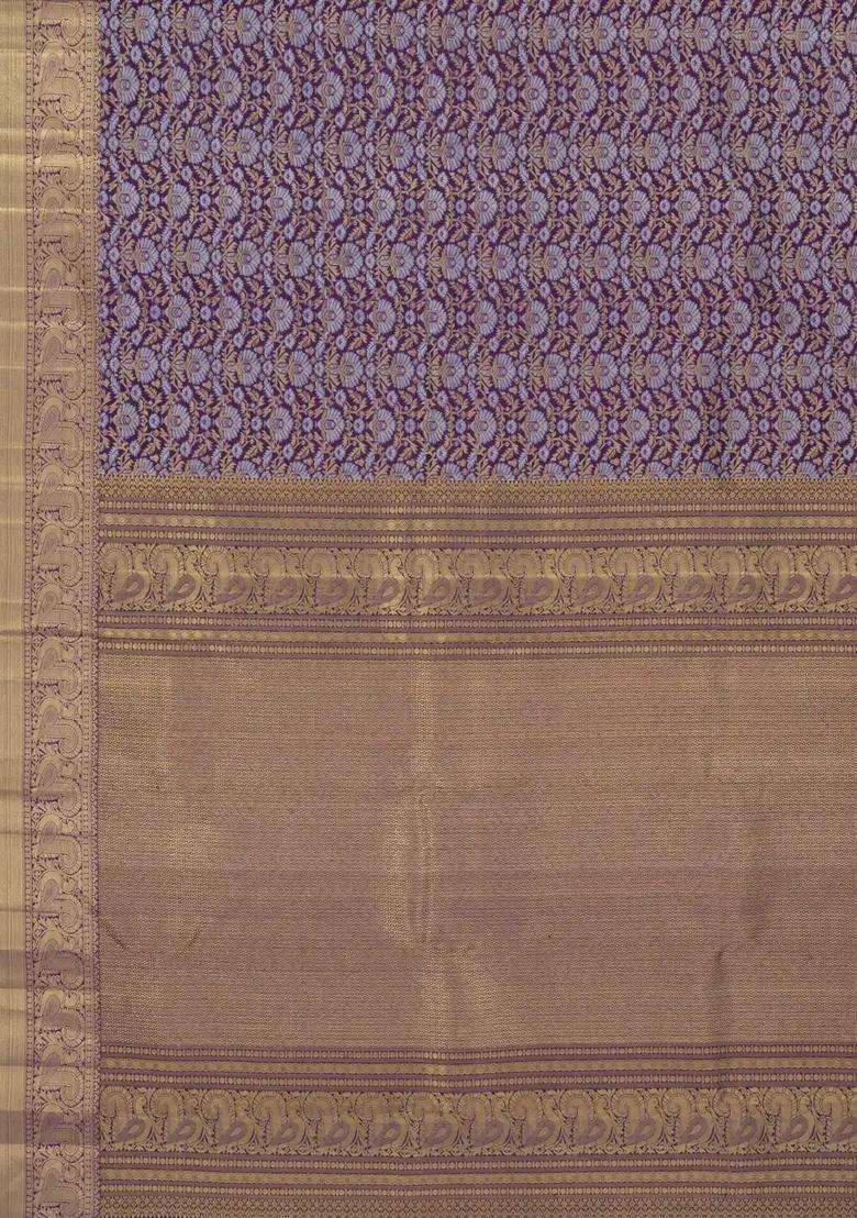 Deep Purple Dark Purple Handloom Kanchipuram Silk Saree With Gold Silver Zari Motifs With Buttas And Brocade Design For Women - Indya