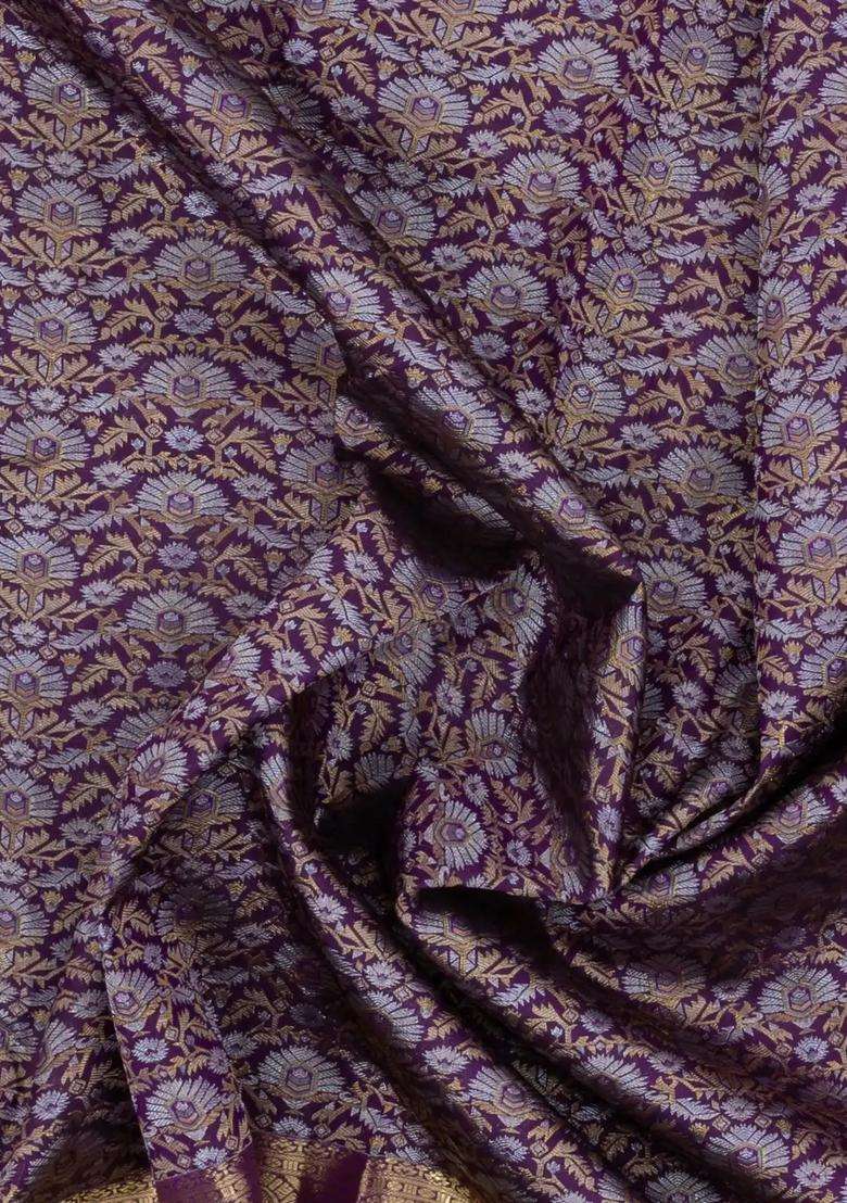 Deep Purple Dark Purple Handloom Kanchipuram Silk Saree With Gold Silver Zari Motifs With Buttas And Brocade Design For Women - Indya