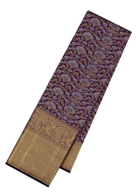 Deep Purple Dark Purple Handloom Kanchipuram Silk Saree With Gold Silver Zari Motifs With Buttas And Brocade Design For Women