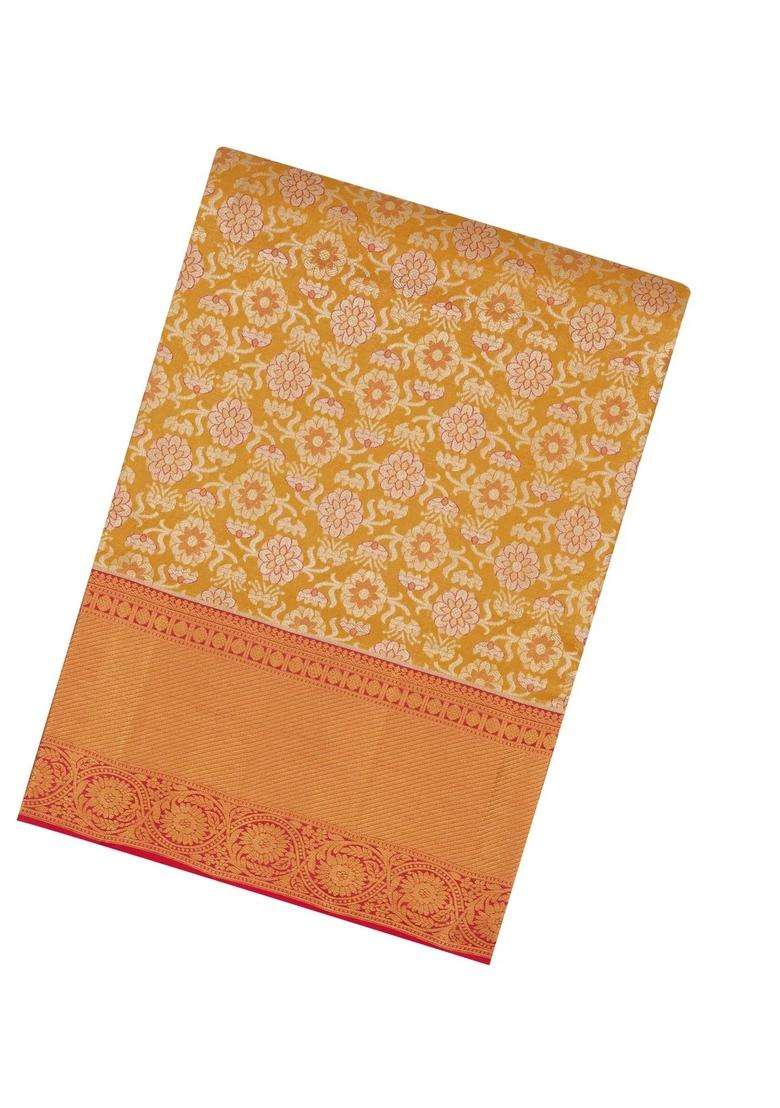 Mustard Handloom Kanchipuram Tissue Silk Saree With Floral Motifs Contrast Border With Buttas And Brocade Design For Women - Indya