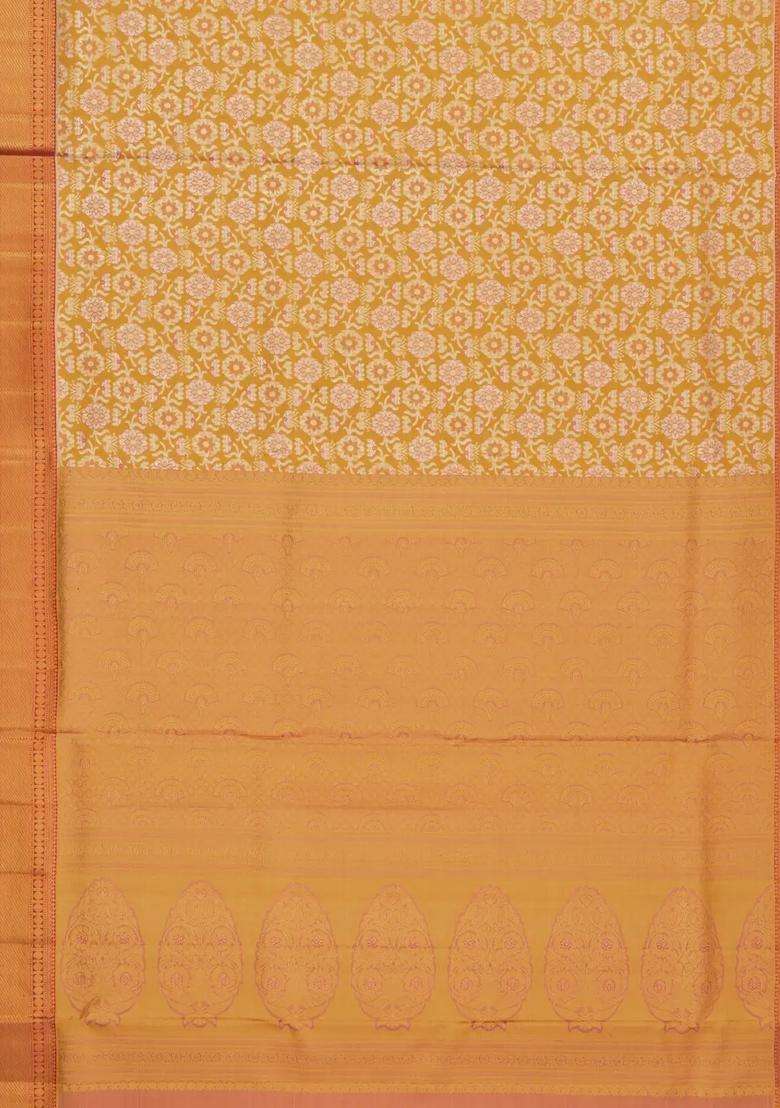 Mustard Handloom Kanchipuram Tissue Silk Saree With Floral Motifs Contrast Border With Buttas And Brocade Design For Women - Indya