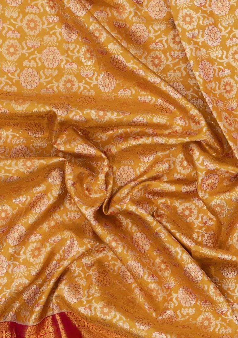 Mustard Handloom Kanchipuram Tissue Silk Saree With Floral Motifs Contrast Border With Buttas And Brocade Design For Women - Indya