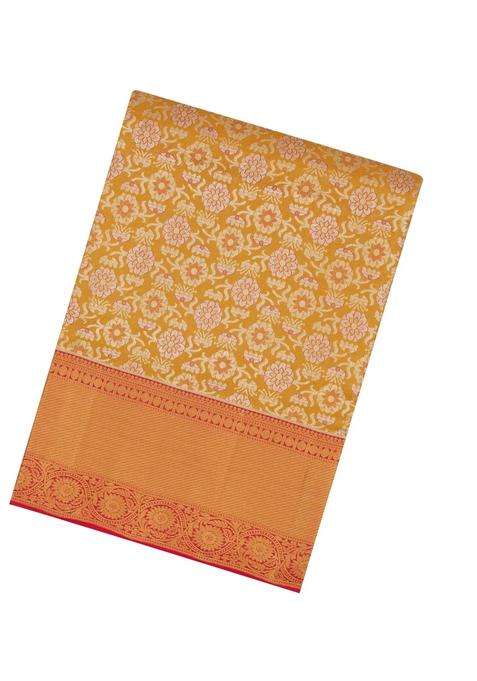 Mustard Handloom Kanchipuram Tissue Silk Saree With Floral Motifs Contrast Border With Buttas And Brocade Design For Women
