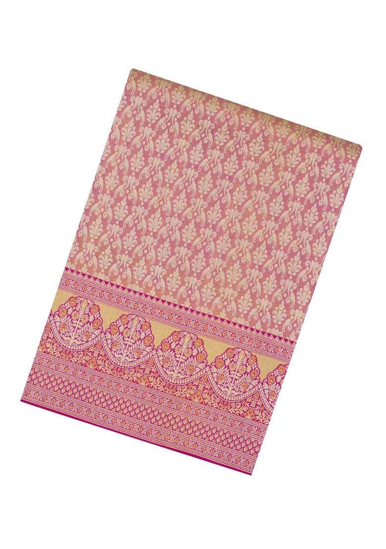 Dark Peach Handloom Kanchipuram Tissue Silk Saree With Floral Motifs With Buttas And Brocade Design For Women - Indya