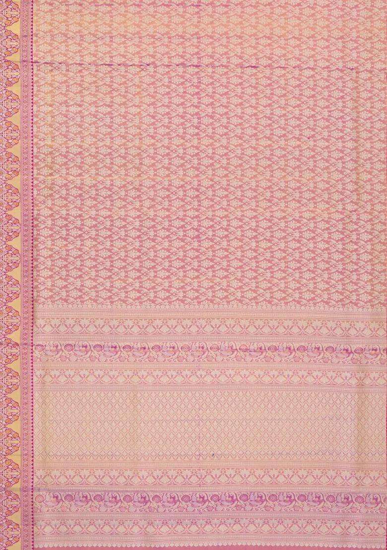 Dark Peach Handloom Kanchipuram Tissue Silk Saree With Floral Motifs With Buttas And Brocade Design For Women - Indya