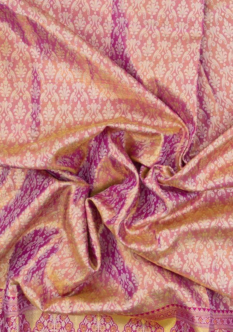 Dark Peach Handloom Kanchipuram Tissue Silk Saree With Floral Motifs With Buttas And Brocade Design For Women - Indya