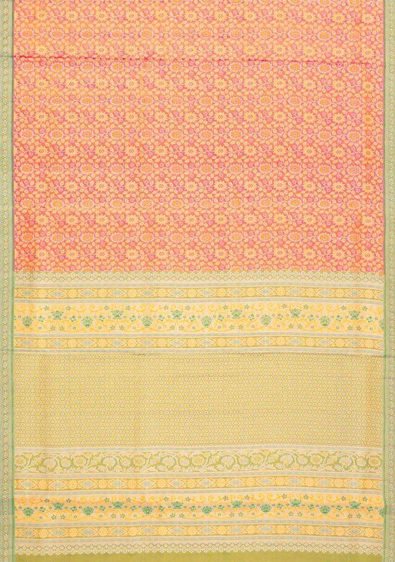 Peach Handloom Kanchipuram Tissue Silk Saree With Meena Floral Motifs Contrast Border With Buttas And Brocade Design For Women - Indya