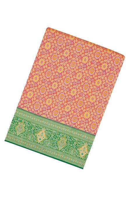 Peach Handloom Kanchipuram Tissue Silk Saree With Meena Floral Motifs Contrast Border With Buttas And Brocade Design For Women