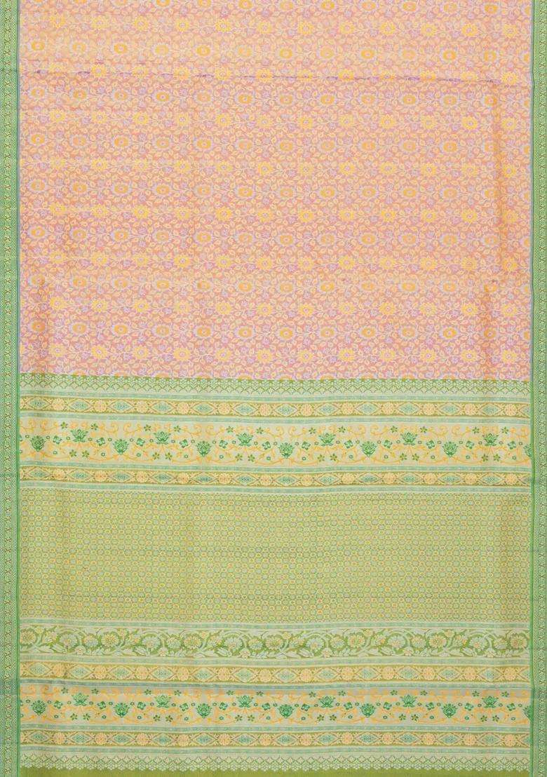 Dusty Pink Handloom Kanchipuram Tissue Silk Saree With Meena Floral Motifs Contrast Border With Buttas And Brocade Design For Women - Indya