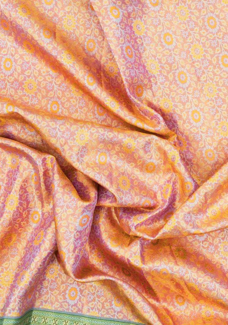 Dusty Pink Handloom Kanchipuram Tissue Silk Saree With Meena Floral Motifs Contrast Border With Buttas And Brocade Design For Women - Indya