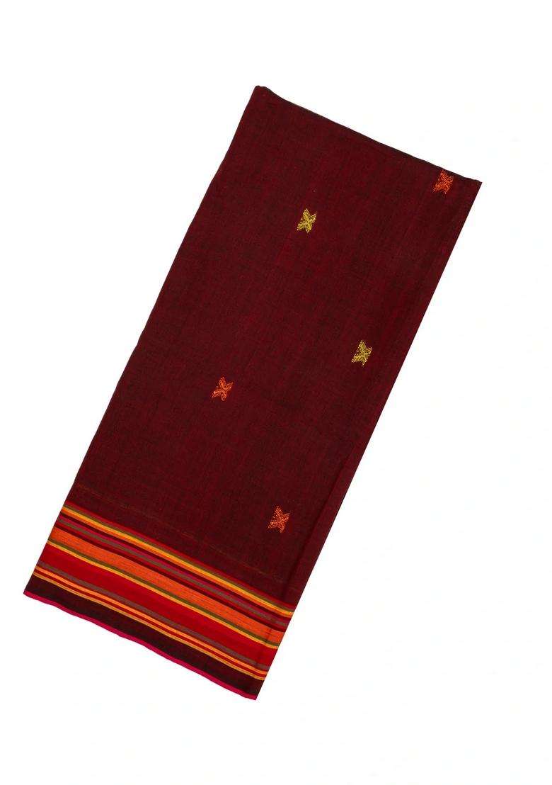 Maroon Woven Bengal Cotton Saree With Cross Motifs With Buttas And Brocade Design For Women - Indya