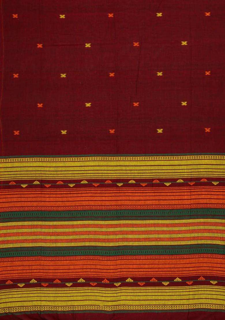 Maroon Woven Bengal Cotton Saree With Cross Motifs With Buttas And Brocade Design For Women - Indya