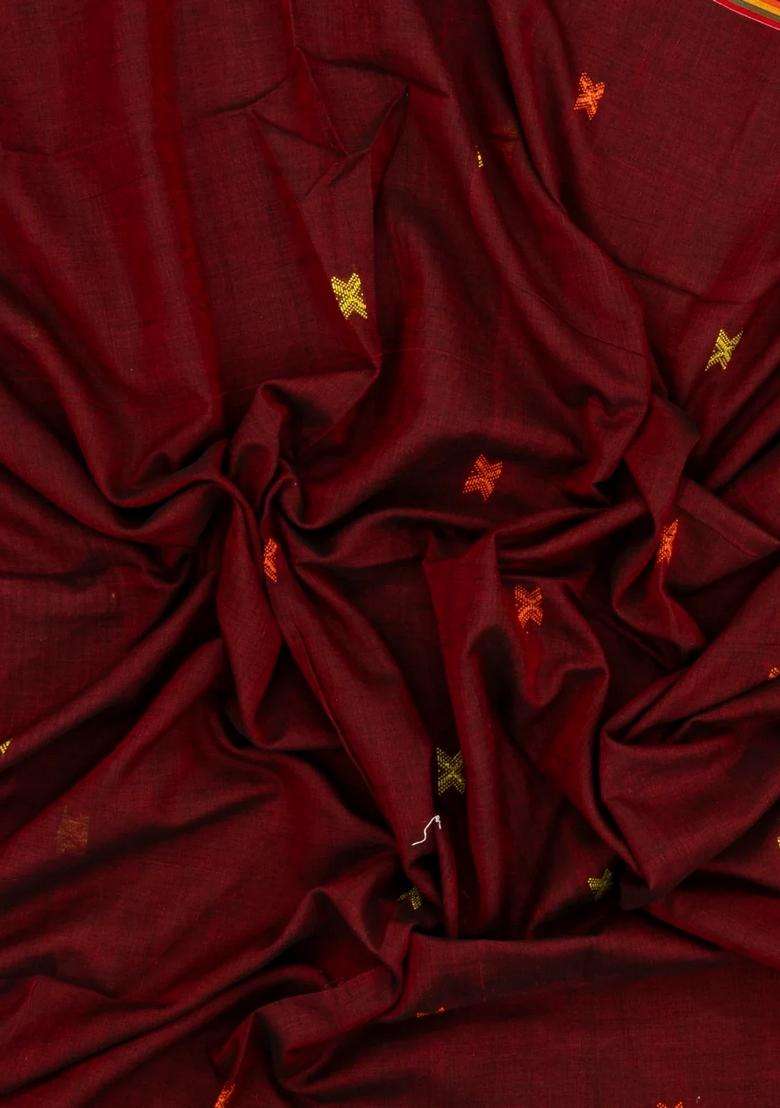 Maroon Woven Bengal Cotton Saree With Cross Motifs With Buttas And Brocade Design For Women - Indya