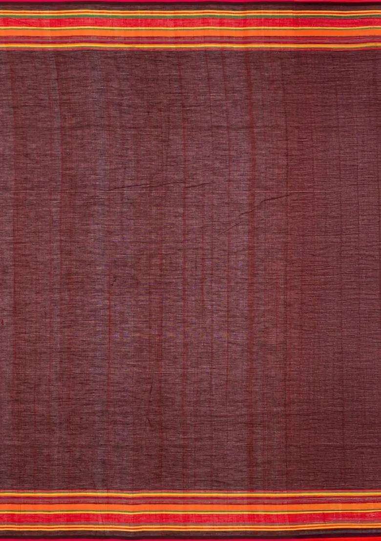 Maroon Woven Bengal Cotton Saree With Cross Motifs With Buttas And Brocade Design For Women - Indya