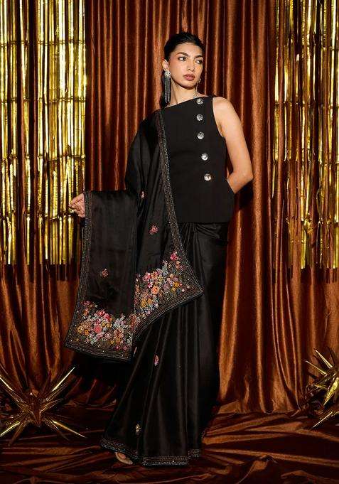 Black Woven Blended Georgette Saree With Embroidered Floral Motifs For Women