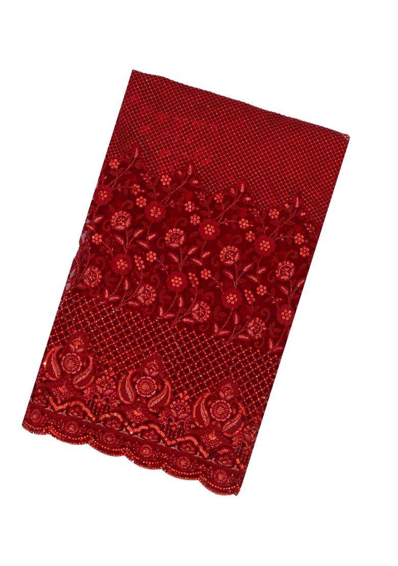Crimson Woven Net Saree With Embroidered Floral Motifs For Women - Indya