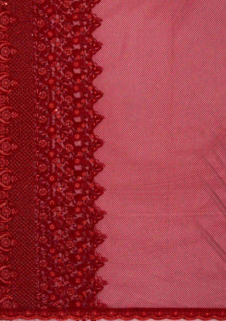 Crimson Woven Net Saree With Embroidered Floral Motifs For Women - Indya