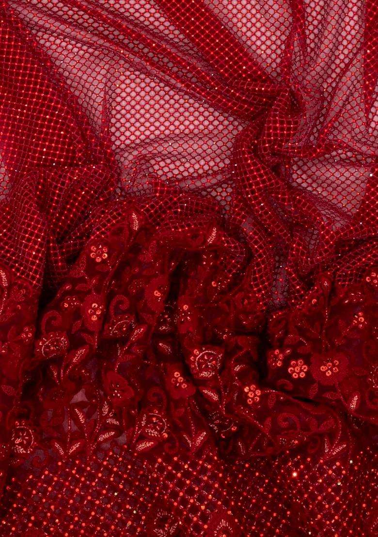 Crimson Woven Net Saree With Embroidered Floral Motifs For Women - Indya