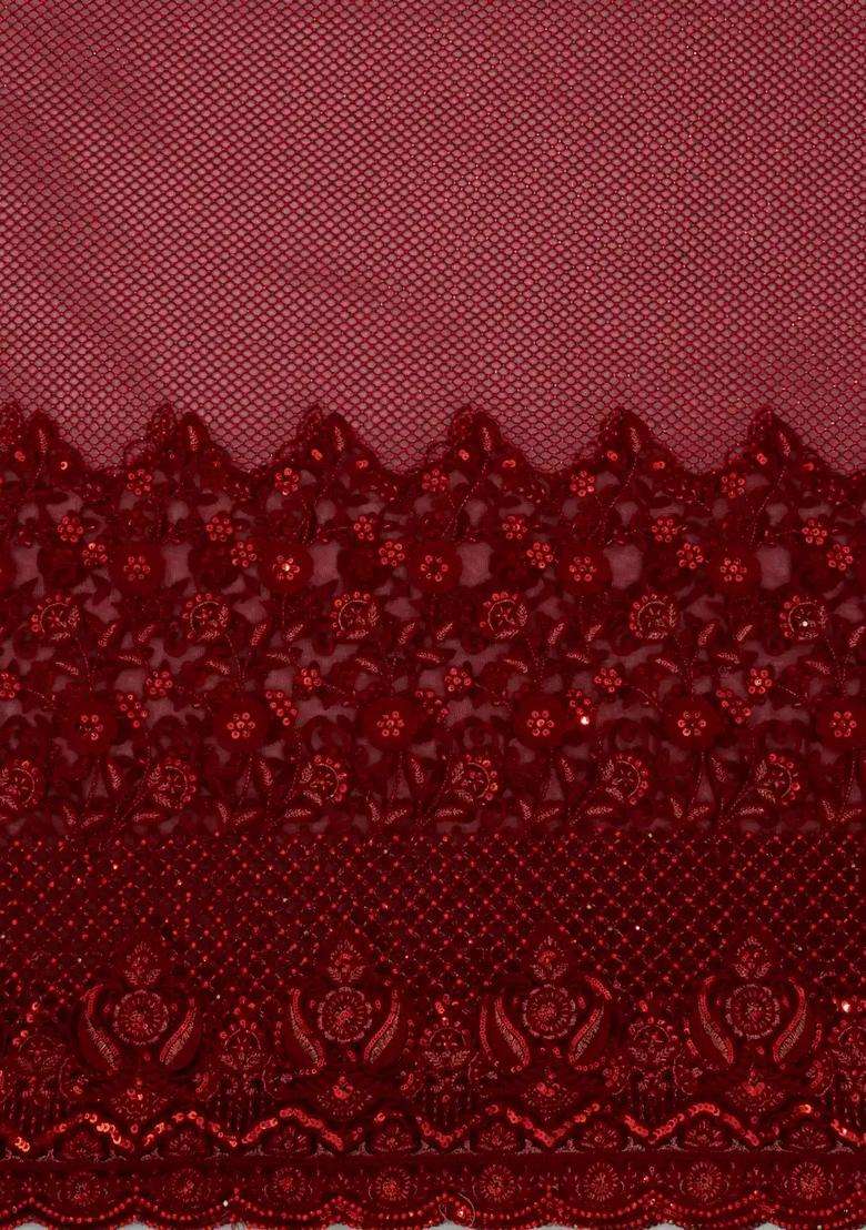 Crimson Woven Net Saree With Embroidered Floral Motifs For Women - Indya