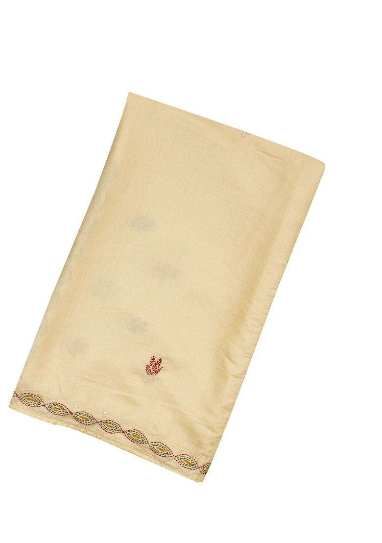 Cream Woven Blended Georgette Saree With Embroidered Floral Motifs For Women - Indya