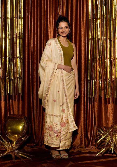 Cream Woven Blended Georgette Saree With Embroidered Floral Motifs For Women