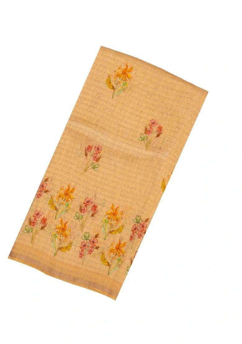 Peach Woven Linen Saree With Printed Floral Motifs For Women - Indya