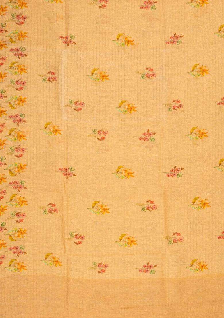 Peach Woven Linen Saree With Printed Floral Motifs For Women - Indya