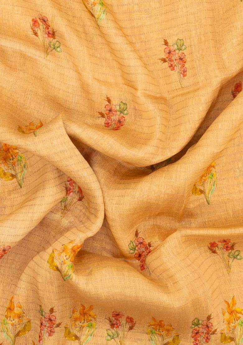 Peach Woven Linen Saree With Printed Floral Motifs For Women - Indya