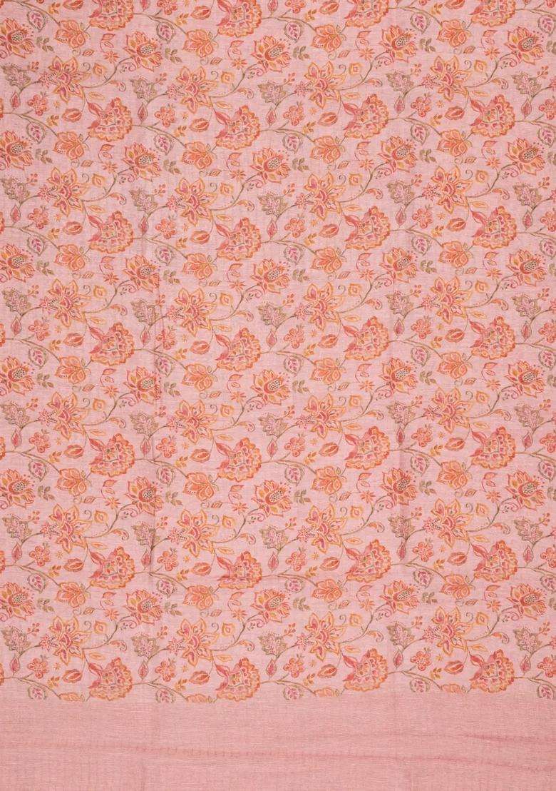 Bubblegum Pink Woven Linen Saree With Printed Floral Motifs For Women - Indya