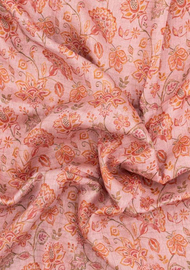 Bubblegum Pink Woven Linen Saree With Printed Floral Motifs For Women - Indya