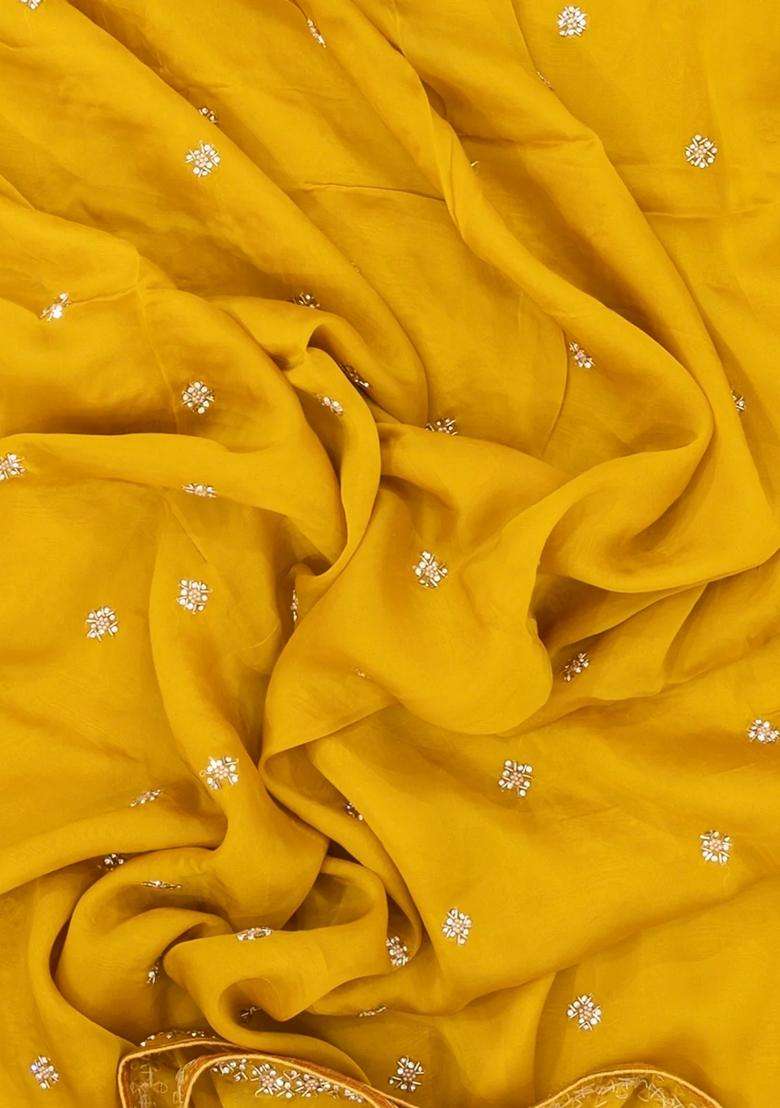 Yellow Woven Blended Silk Saree With Embroidered Floral Motifs For Women - Indya