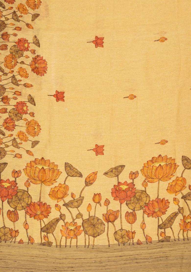 Sandal Woven Linen Saree With Printed Floral Motifs For Women - Indya