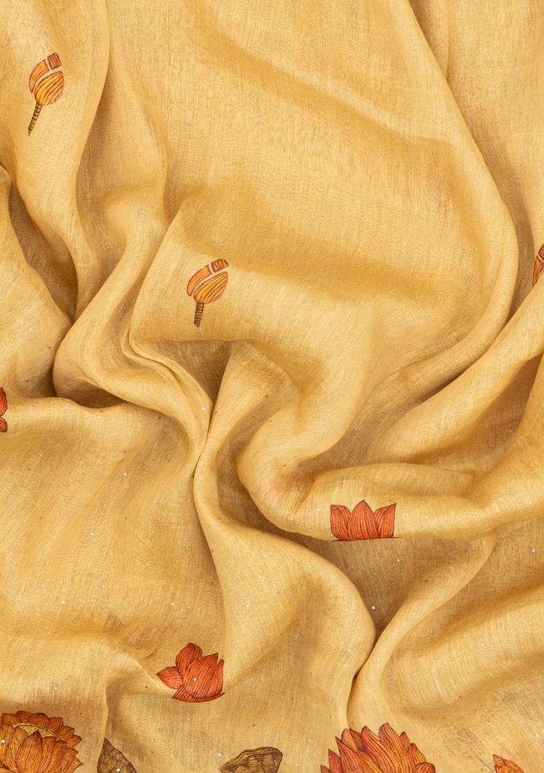 Sandal Woven Linen Saree With Printed Floral Motifs For Women - Indya