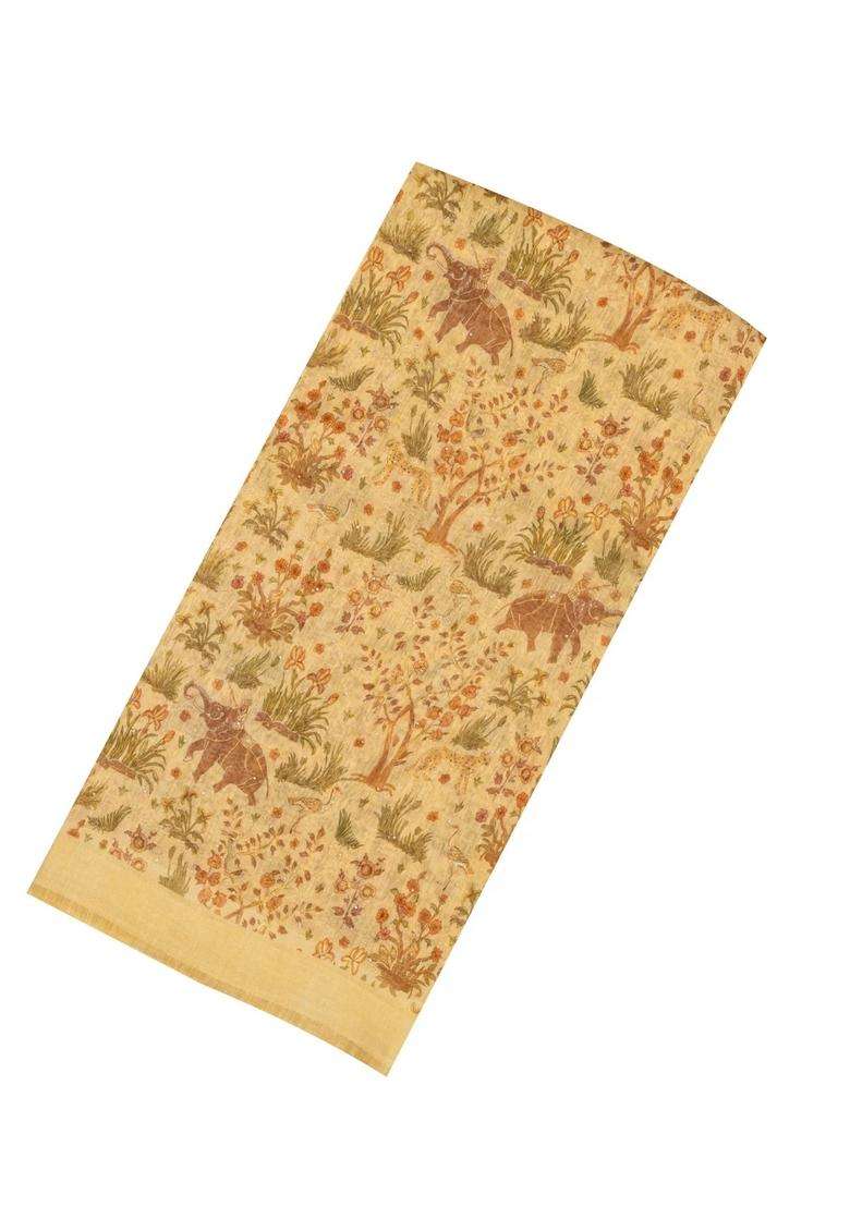 Sandal Woven Linen Saree With Printed Elephant Floral Motifs For Women - Indya
