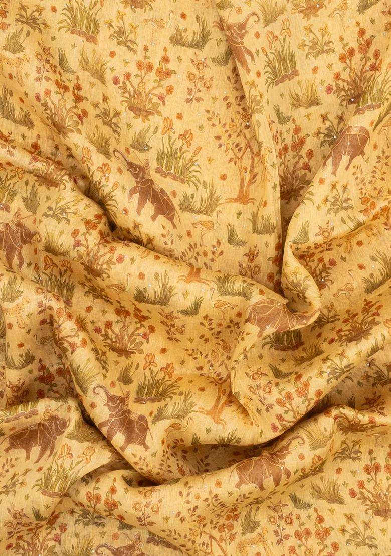 Sandal Woven Linen Saree With Printed Elephant Floral Motifs For Women - Indya