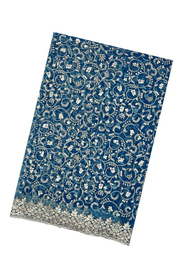 Cyan Woven Net Saree With Embroidered Mirror Work Motifs For Women - Indya