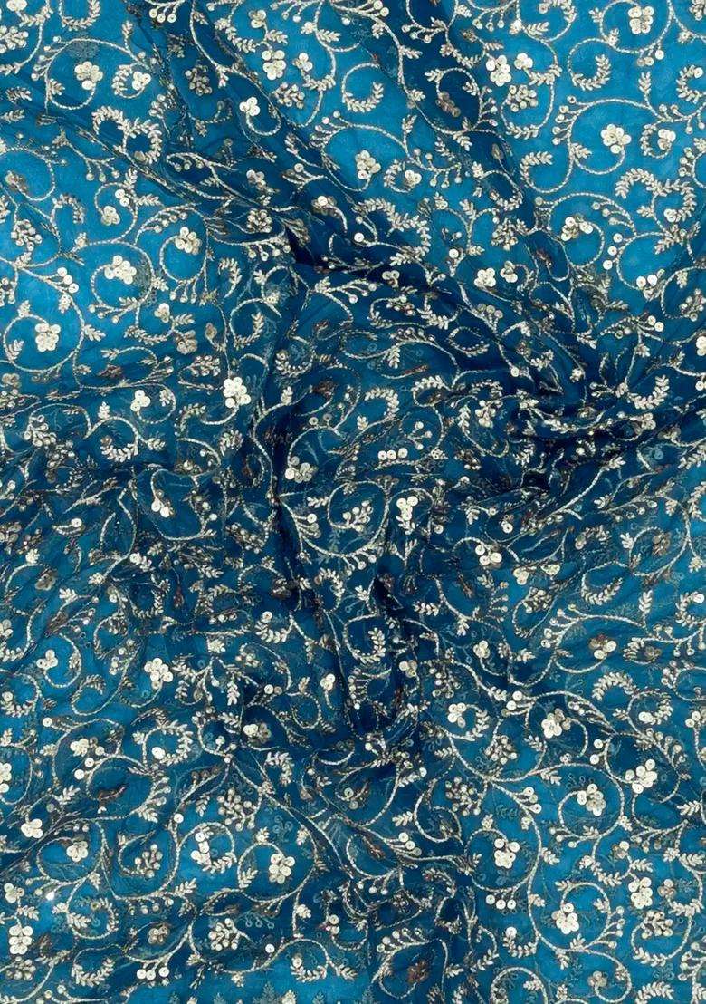 Cyan Woven Net Saree With Embroidered Mirror Work Motifs For Women - Indya