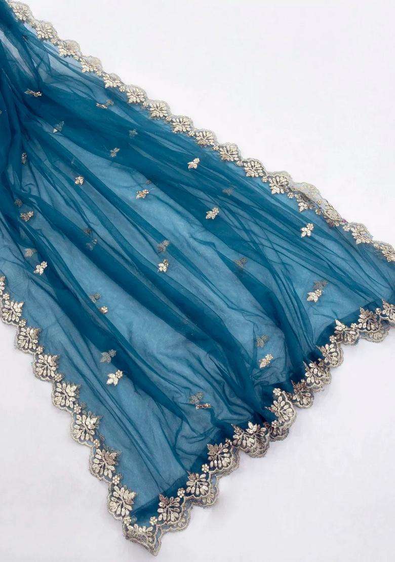 Cyan Woven Net Saree With Embroidered Mirror Work Motifs For Women - Indya