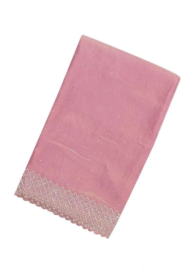 Baby Pink Woven Blended Tissue Saree With Embroidered Mirror Work For Women - Indya