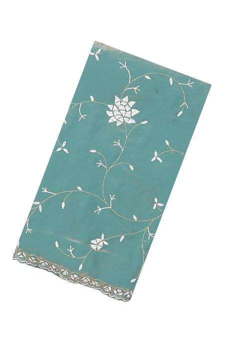 Turquoise Woven Blended Tissue Saree With Embroidered Floral Motifs For Women