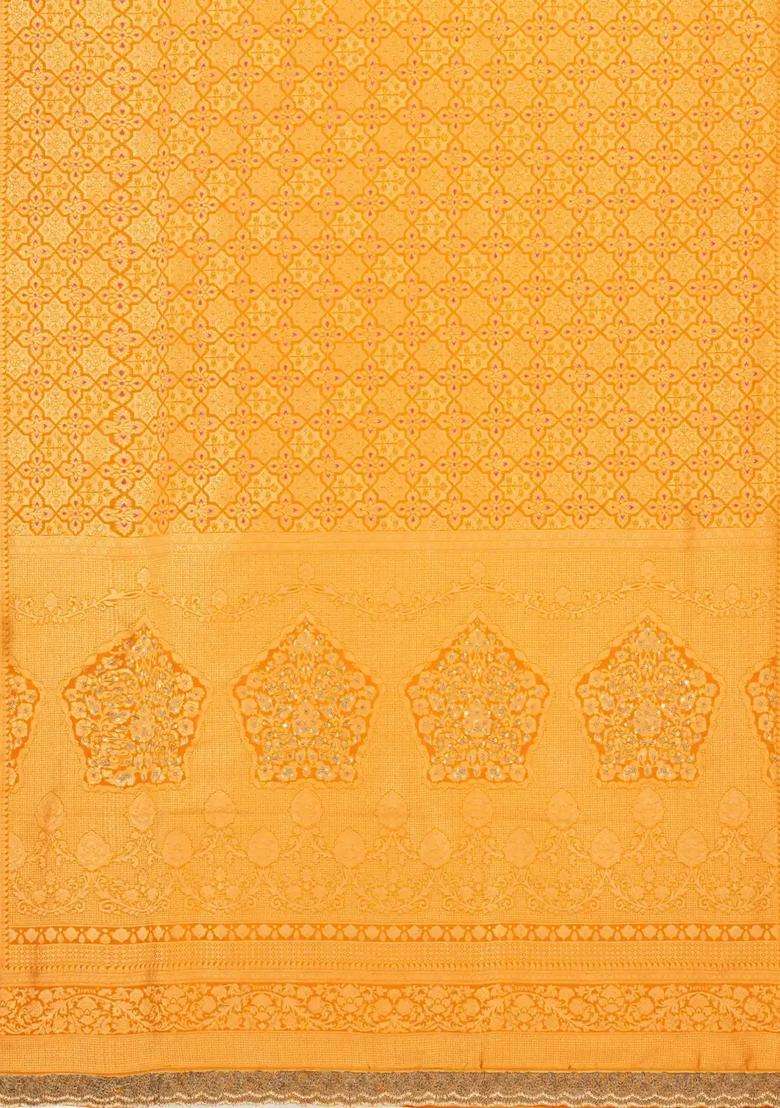 Mustard Woven Pure Silk Saree With Meena Motifs Hand Embroidered Selvage For Women - Indya
