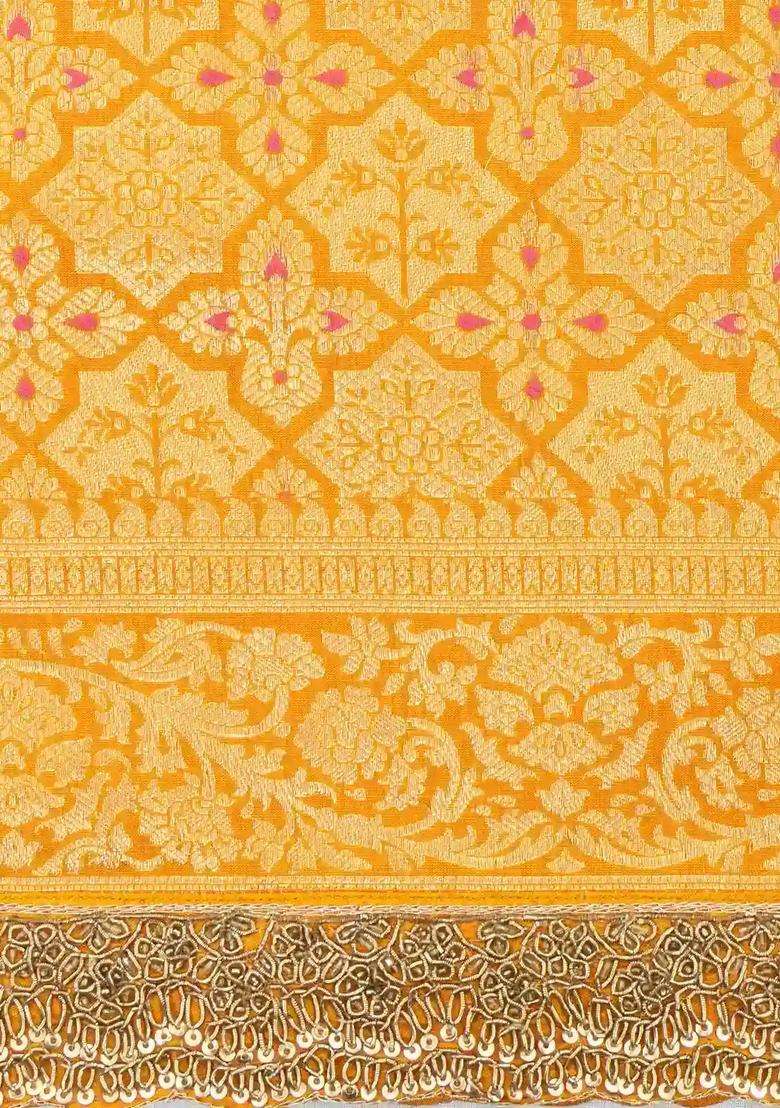 Mustard Woven Pure Silk Saree With Meena Motifs Hand Embroidered Selvage For Women - Indya